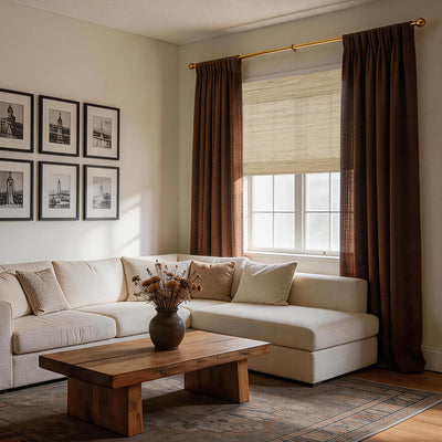 natural 100% ramie woven shades in a vintage living room with layered drapery, blending refined texture and boutique elegance in a clean, fashion-forward atmosphere | Hestia Blinds