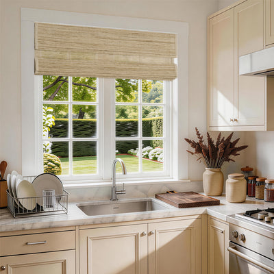 natural 100% ramie woven shades in a bright modern farmhouse kitchen, adding a warm, clean and inviting everyday atmosphere | Hestia Blinds
