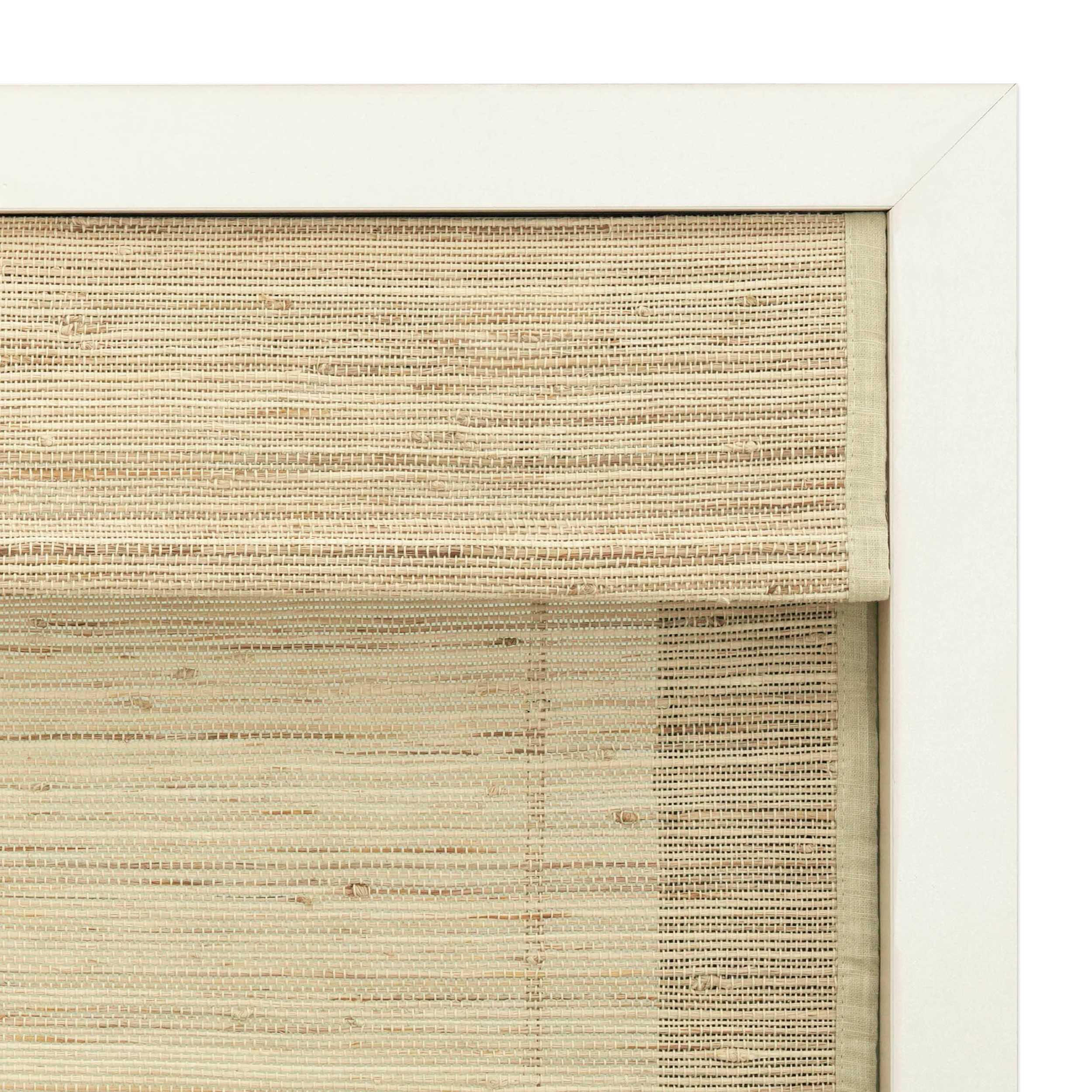 natural 100% ramie woven shades with fabric-wrapped valance detail showcasing seamless top finish and breathable woven natural texture | Hestia Blinds