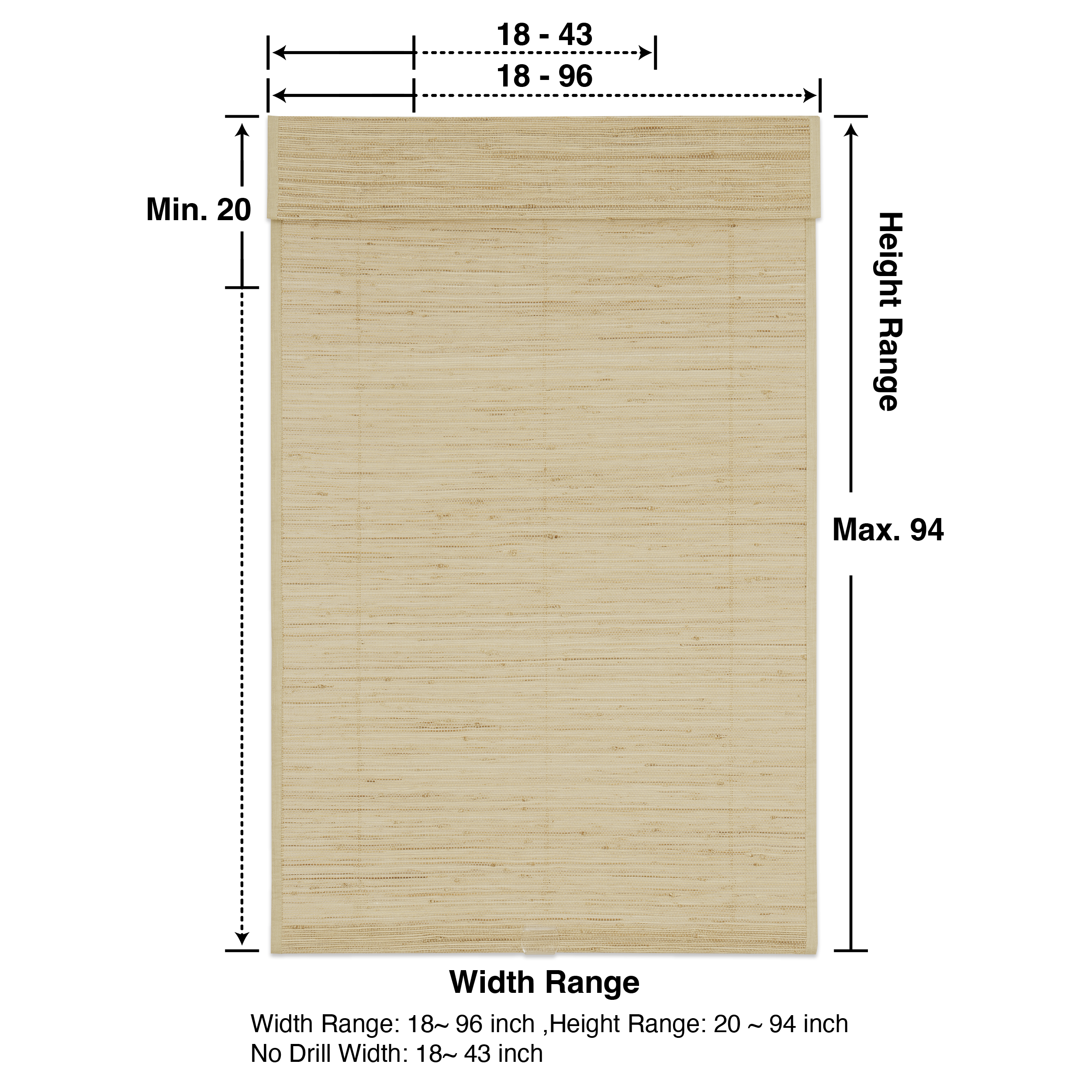 natural 100% ramie woven shades product specification overview presenting full size and structure details in a clean, organized layout | Hestia Blinds