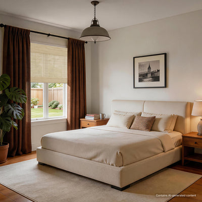natural 100% ramie woven shades in a vintage bedroom with layered wine-toned drapery, creating an elegant and classic atmosphere with rich visual depth | Hestia Blinds