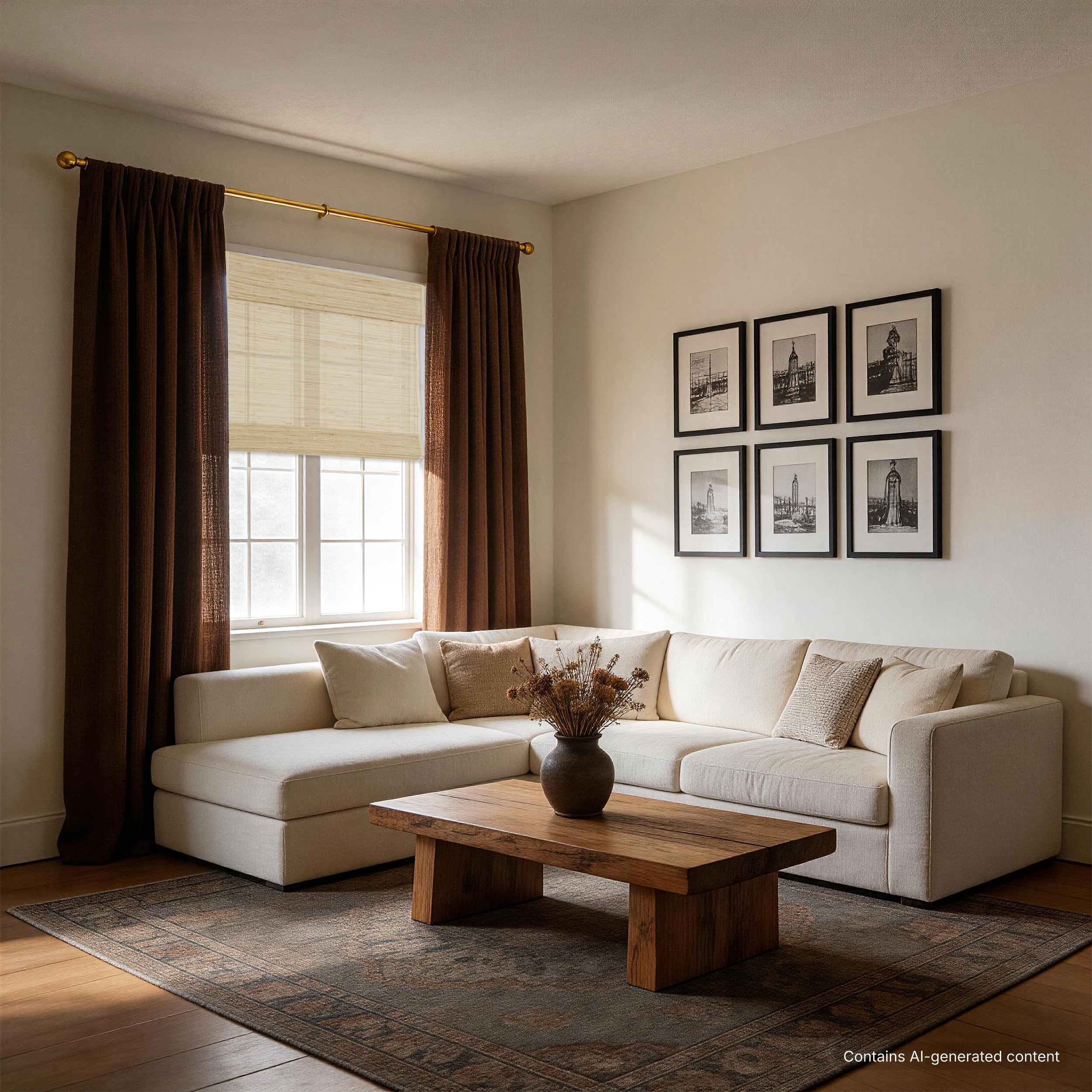 natural 100% ramie woven shades in a vintage living room with layered drapery, blending refined texture and boutique elegance in a clean, fashion-forward atmosphere | Hestia Blinds