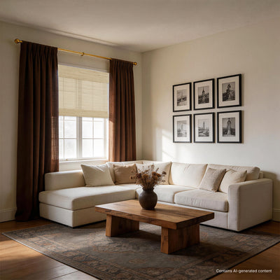 natural 100% ramie woven shades in a vintage living room with layered drapery, blending refined texture and boutique elegance in a clean, fashion-forward atmosphere | Hestia Blinds