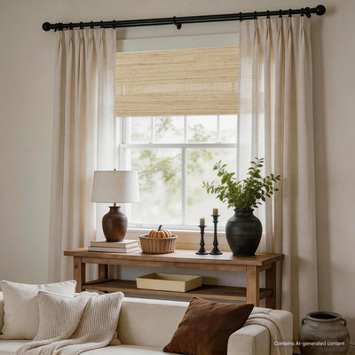 natural 100% ramie woven shades in a peaceful window-side lounge with sheer drapery, creating a clean, elegant, and restful atmosphere | Hestia Blinds