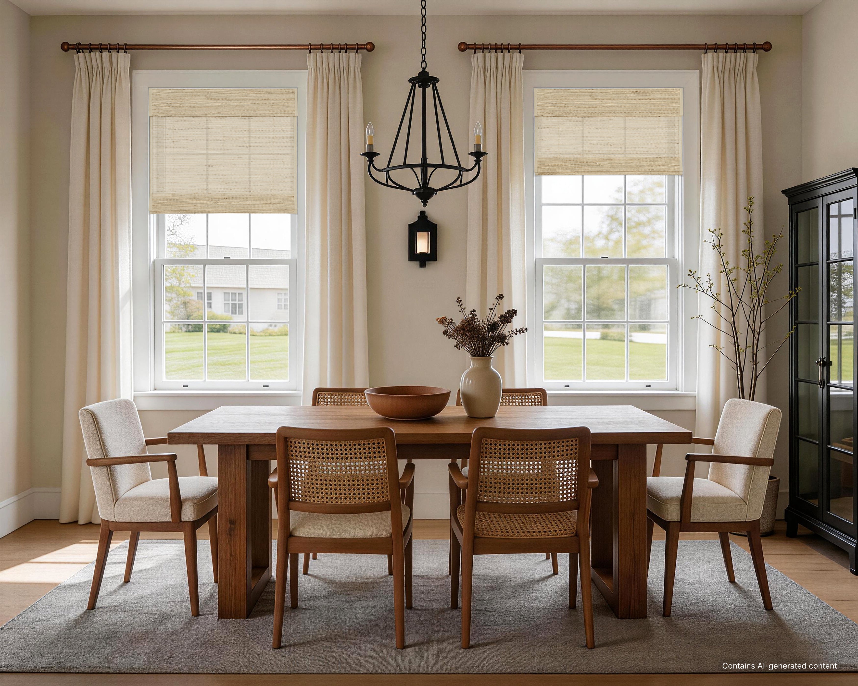 natural 100% ramie woven shades in a bright dining room with layered beige drapery, creating a warm, elegant boutique modern farmhouse atmosphere | Hestia Blinds