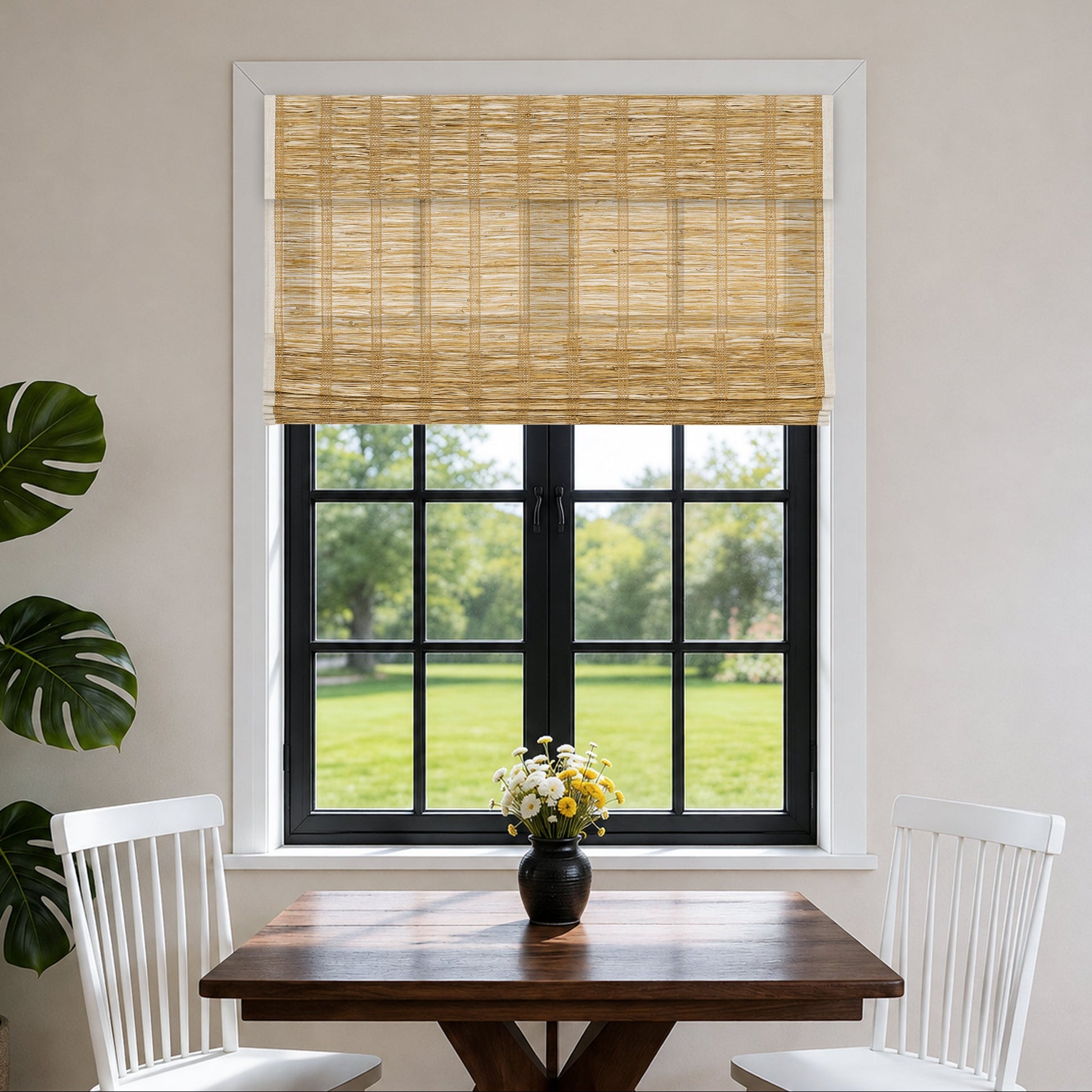 lay natural pure jute linen woven shades in a bright, elegant window-side setting with a calm modern classic and serene look | Hestia Blinds
