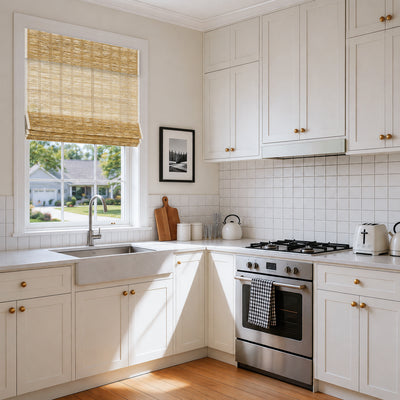 lay natural pure jute linen woven shades in a modern kitchen, offering soft light diffusion and a calm, refined everyday ambiance | Hestia Blinds