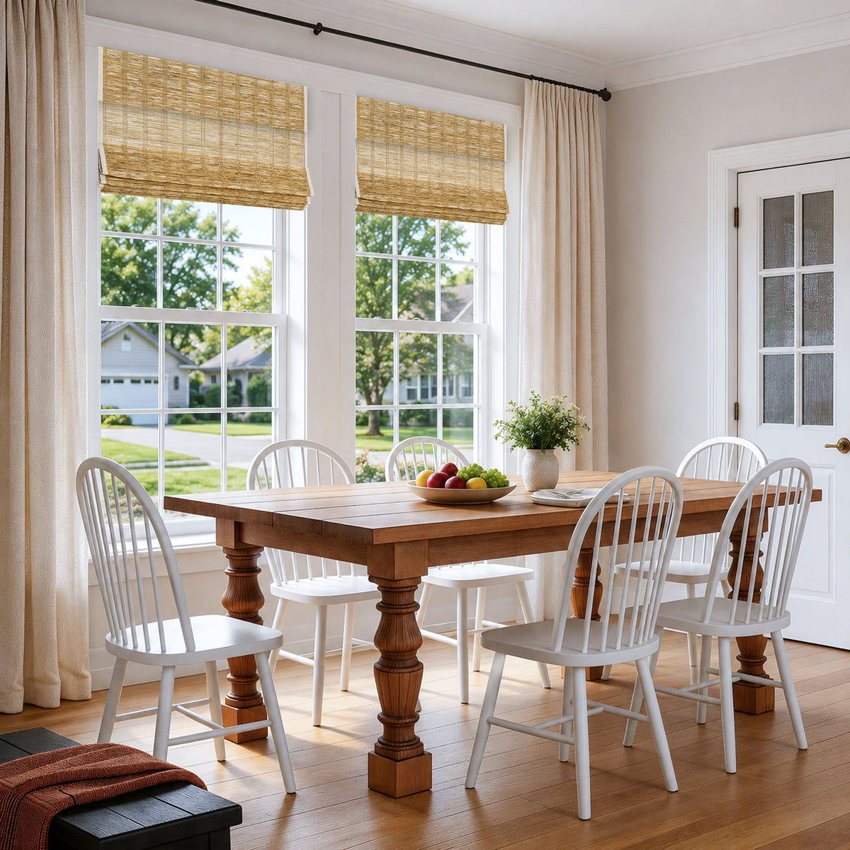 lay natural pure jute linen woven shades in a boutique farmhouse dining room with vintage touches, creating a peaceful and refined cozy atmosphere | Hestia Blinds