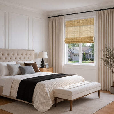 lay natural pure jute linen woven shades in a cozy modern bedroom with layered drapery, soft sunlight, and a calm, breathable sense of comfort and elegance | Hestia Blinds