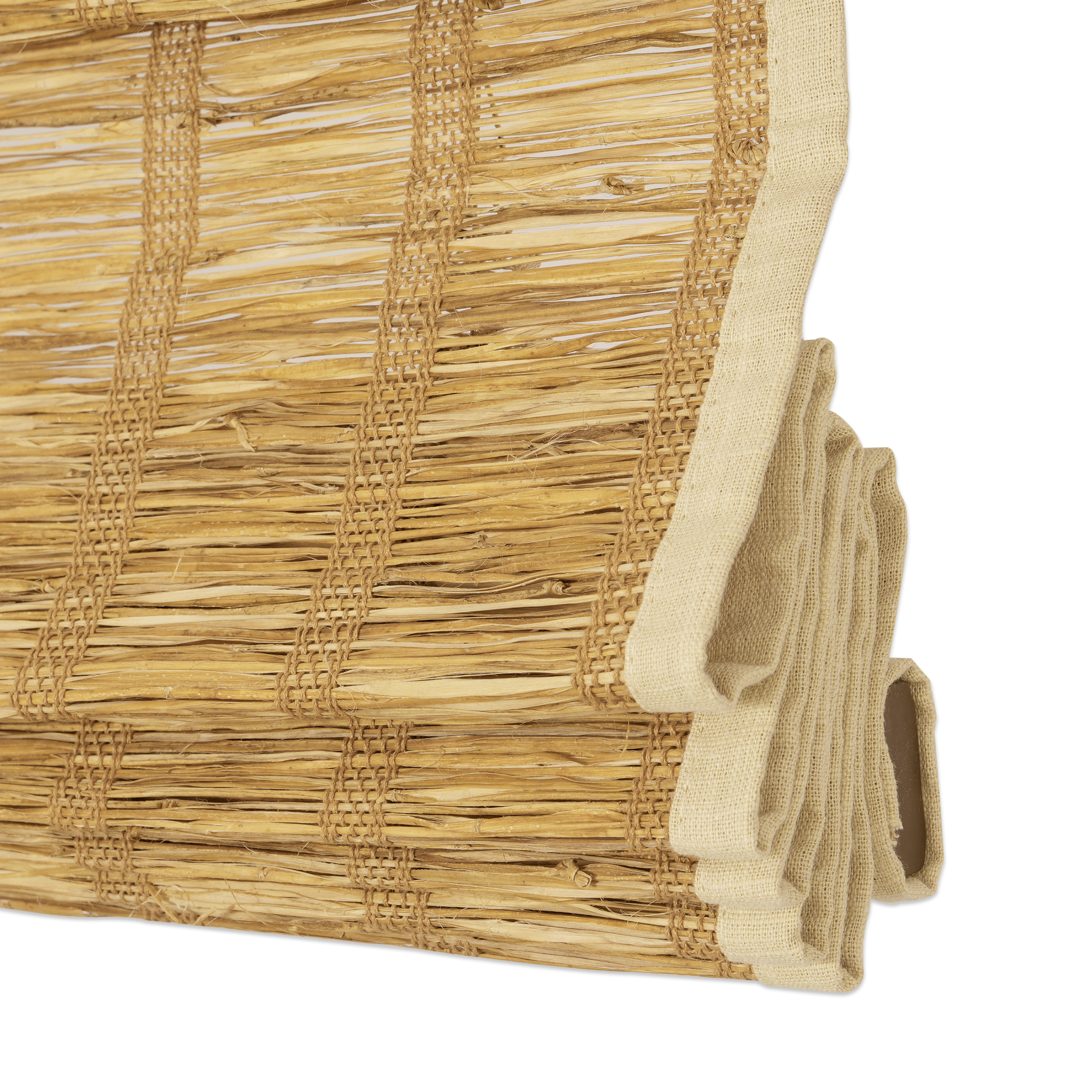 lay natural pure jute linen woven shades stacked bottom detail with clean hemming edges and neat structure, showing a tidy and well-finished appearance | Hestia Blinds