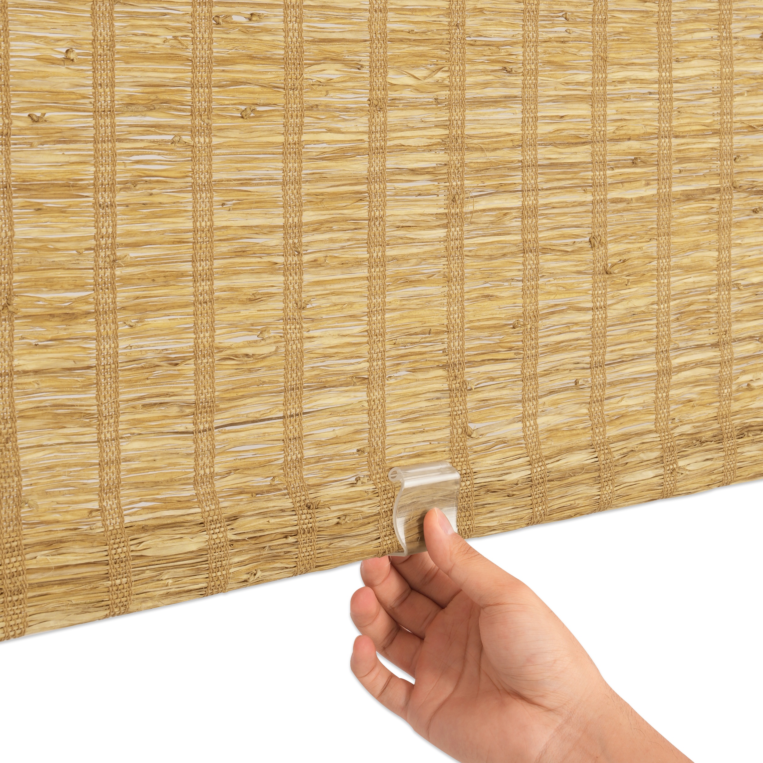 lay natural pure jute linen woven shades bottom rail detail with discreet transparent handle and cordless design for a clean, safe and minimal look | Hestia Blinds