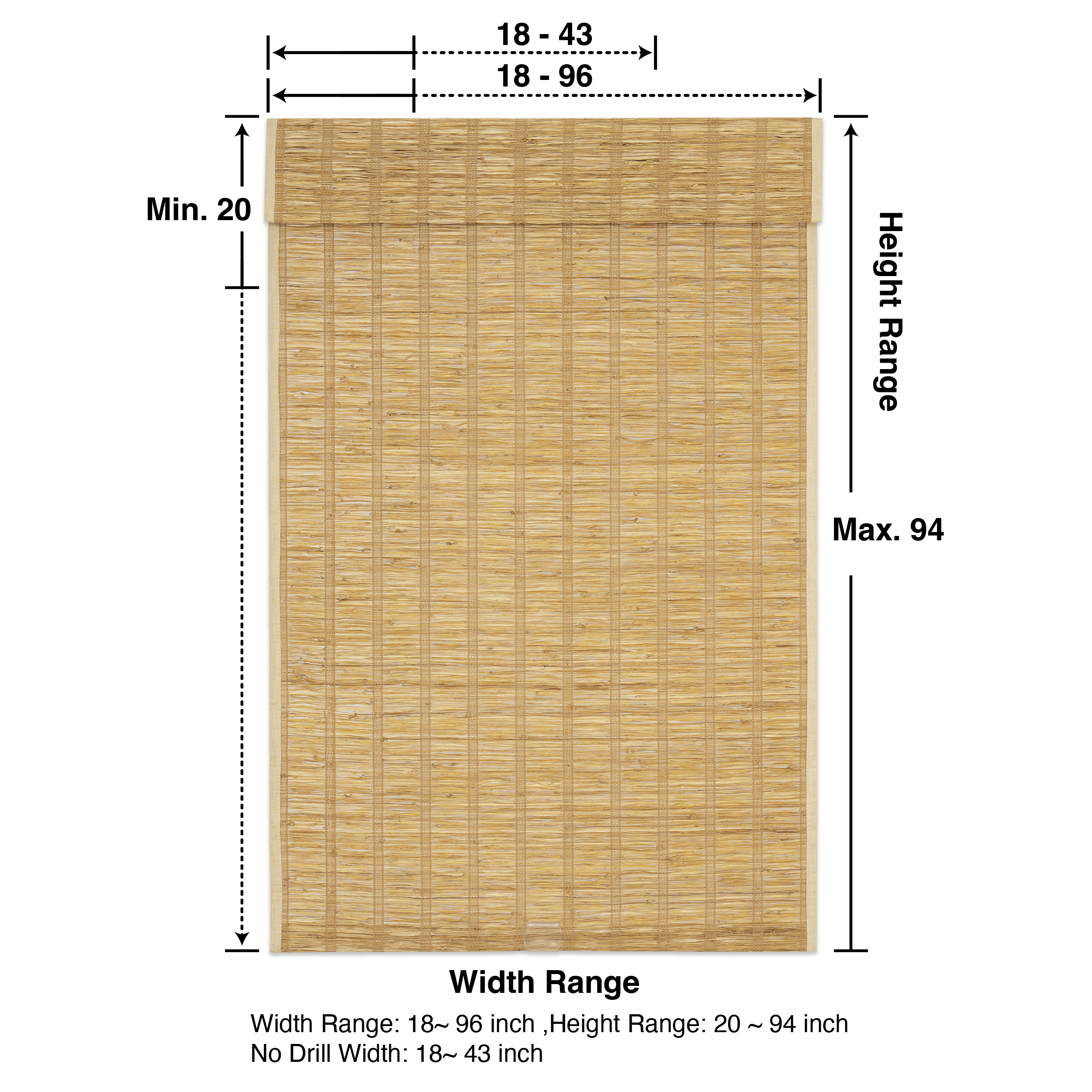 lay natural pure jute linen woven shades product specification overview presenting full size and structure details in a clean and organized layout | Hestia Blinds