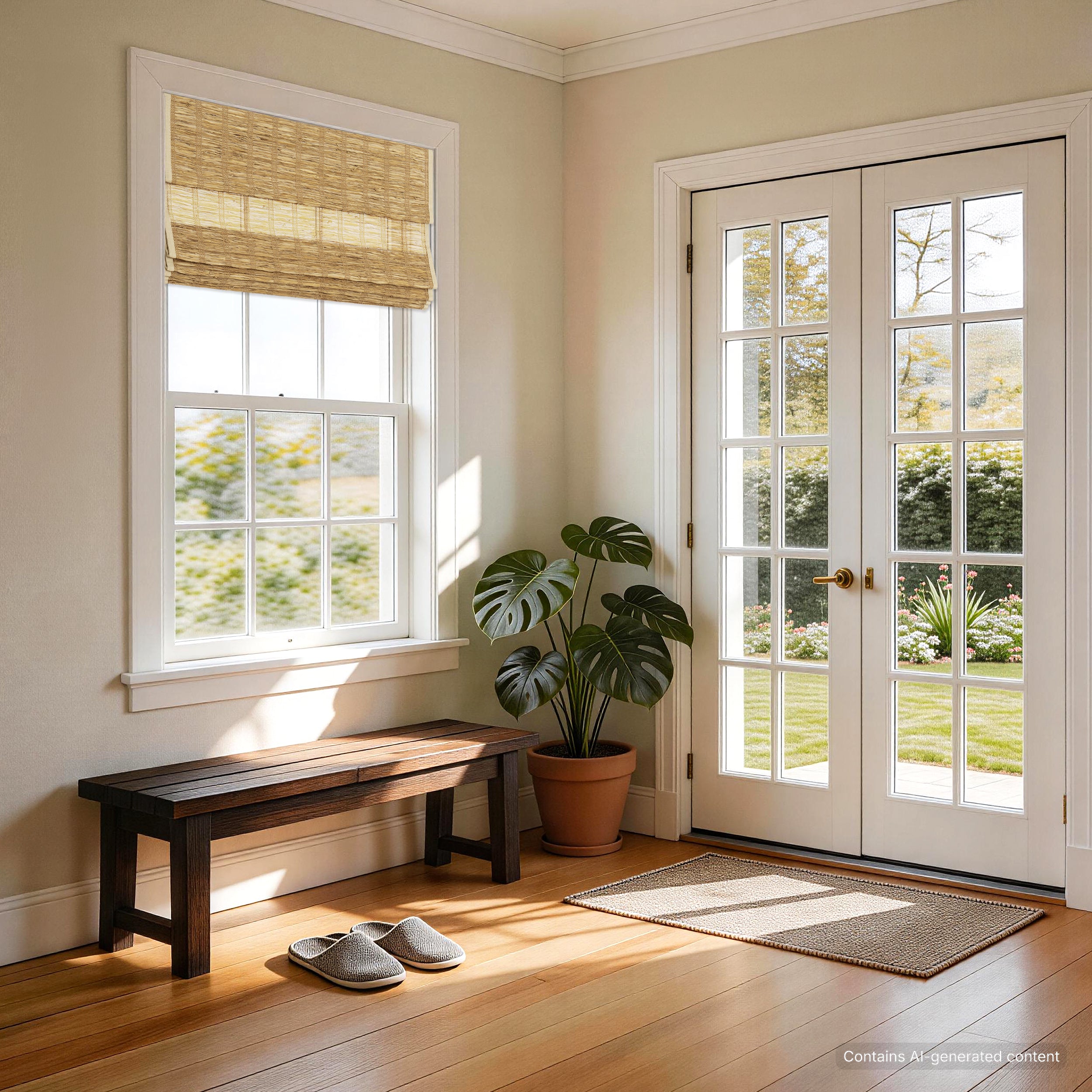 lay natural pure jute linen woven shades in a clean porch entryway, enhancing a breathable light filtering and modern farmhouse atmosphere | Hestia Blinds