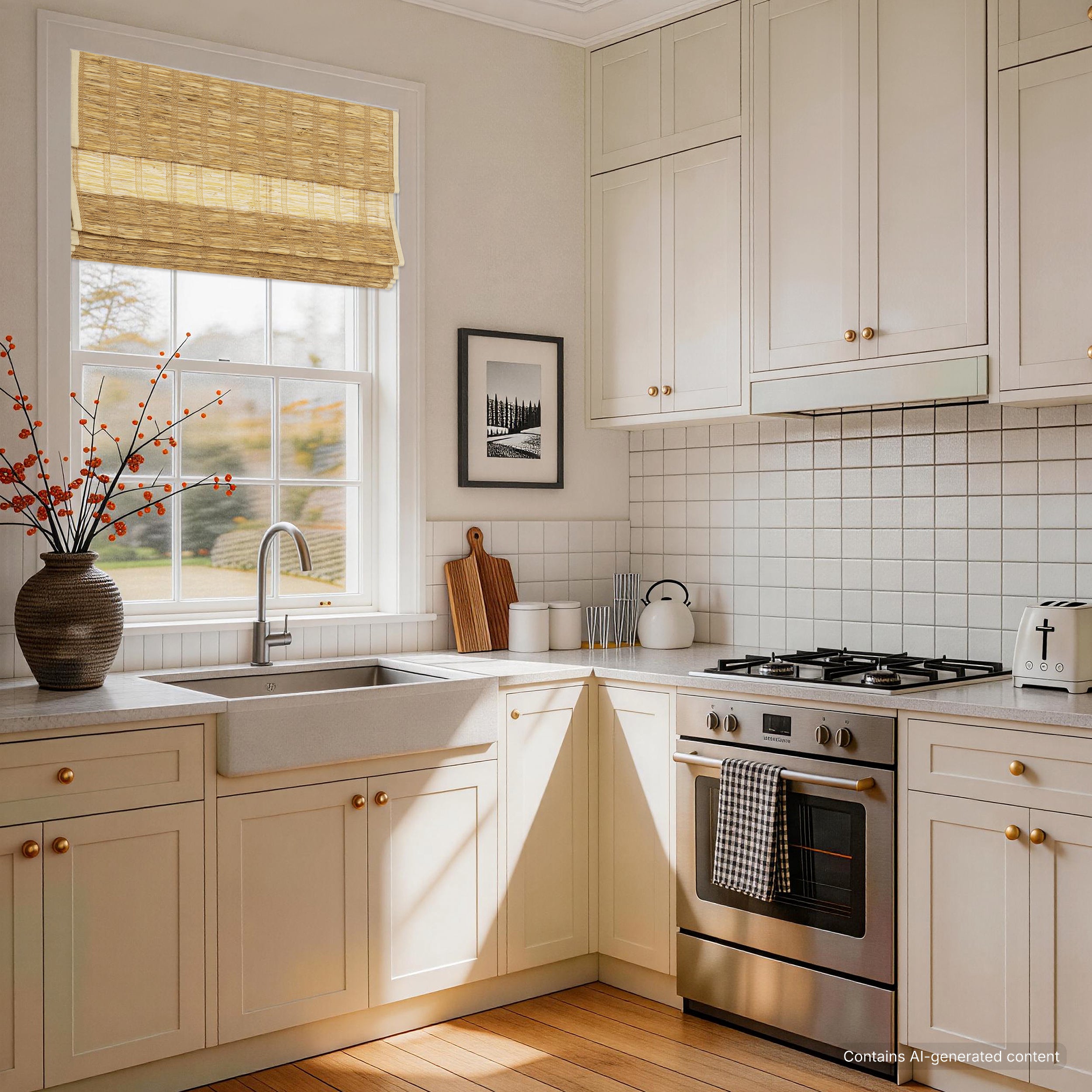 lay natural pure jute linen woven shades in a modern kitchen, offering soft light diffusion and a calm, refined everyday ambiance | Hestia Blinds