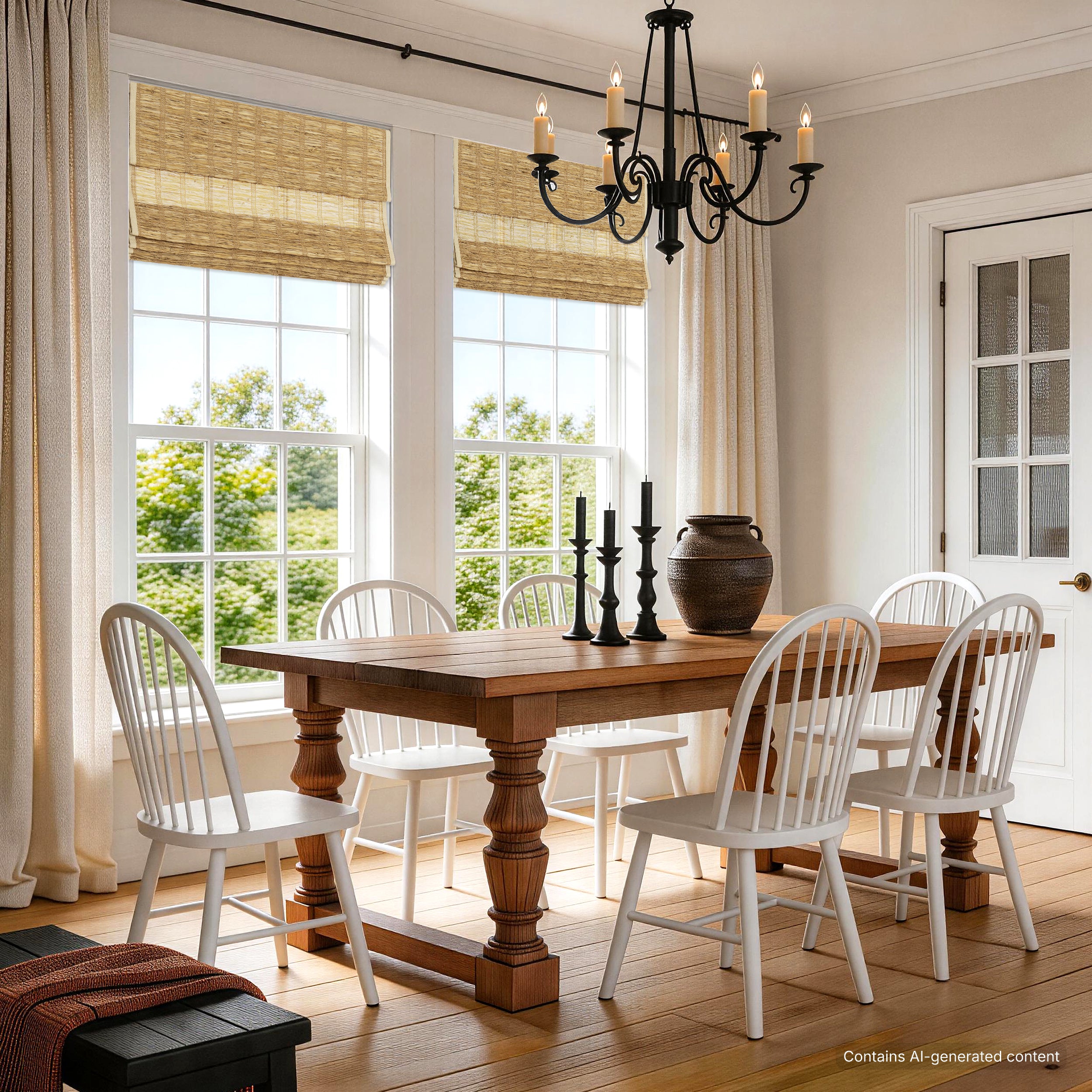 lay natural pure jute linen woven shades in a boutique farmhouse dining room with vintage touches, creating a peaceful and refined cozy atmosphere | Hestia Blinds