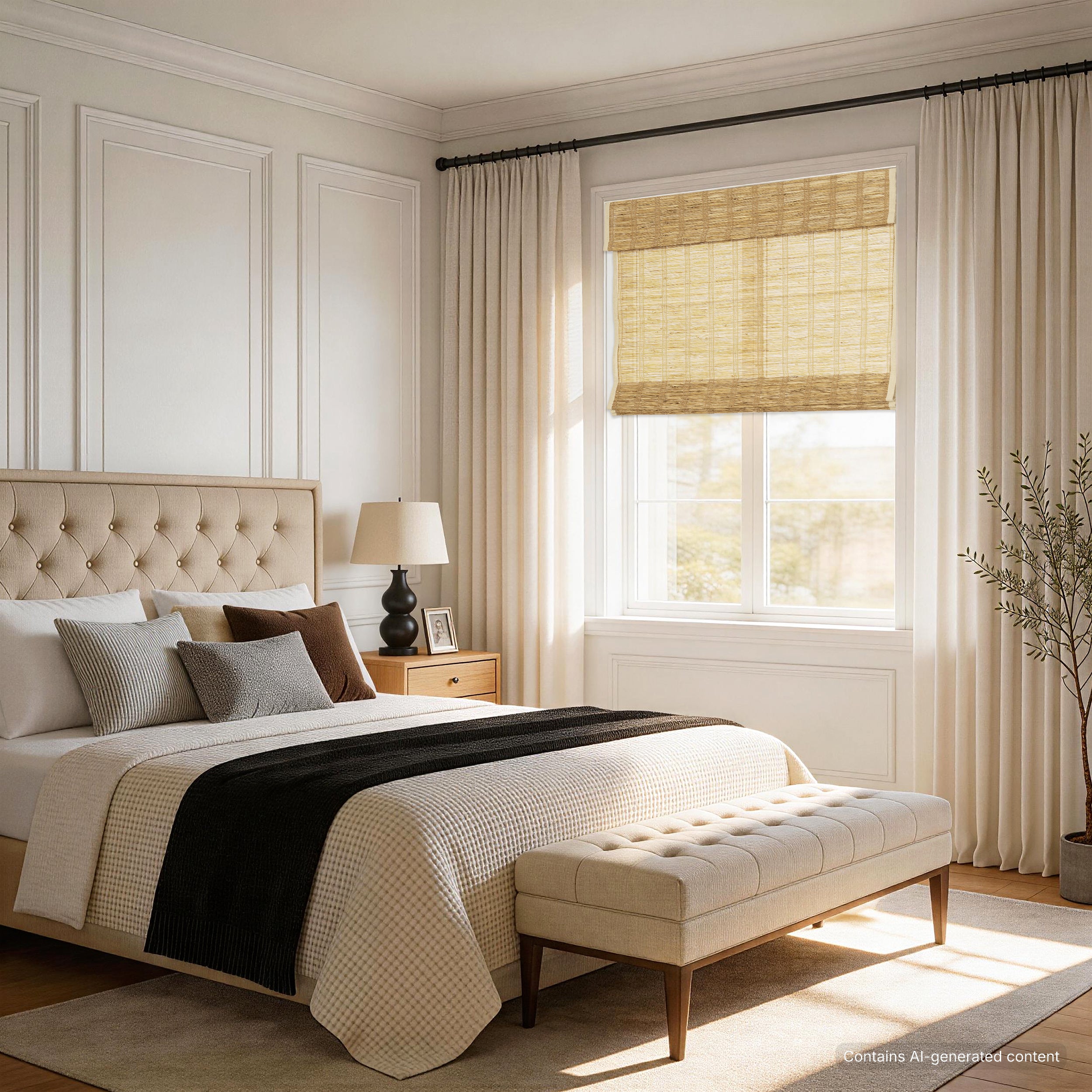 lay natural pure jute linen woven shades in a cozy modern bedroom with layered drapery, soft sunlight, and a calm, breathable sense of comfort and elegance | Hestia Blinds