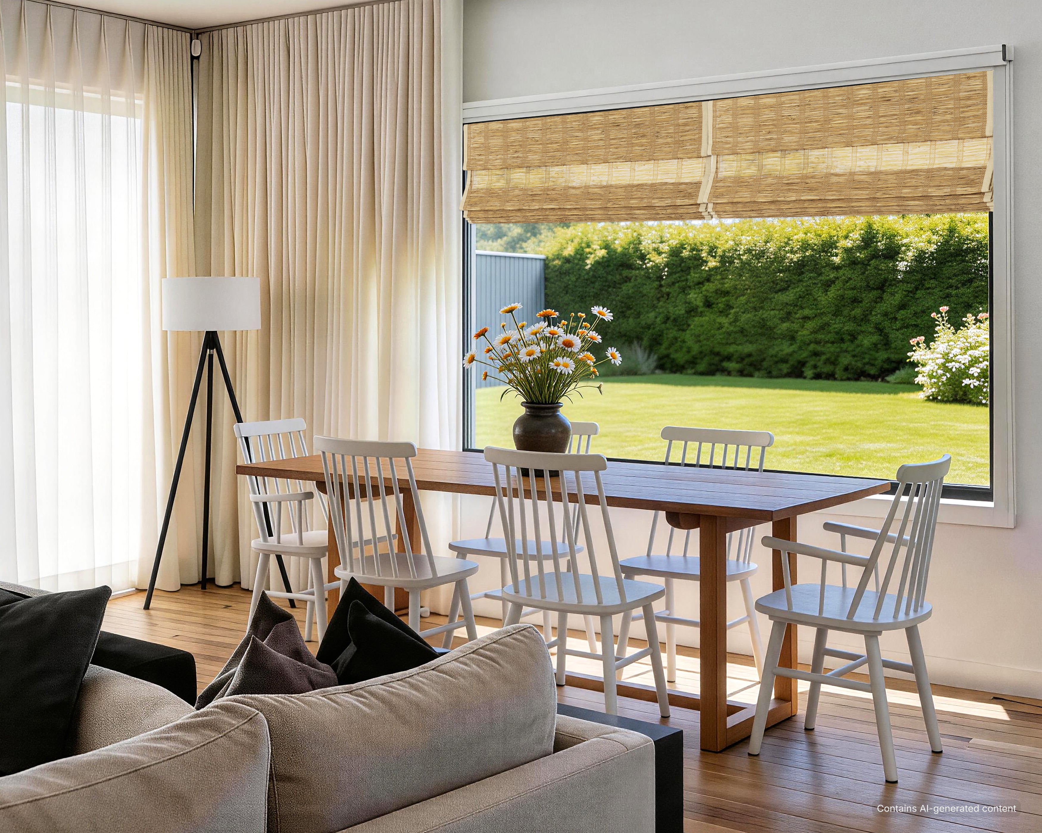 lay natural pure jute linen woven shades in a bright modern dining room, bringing understated texture and a calm, elevated living space | Hestia Blinds