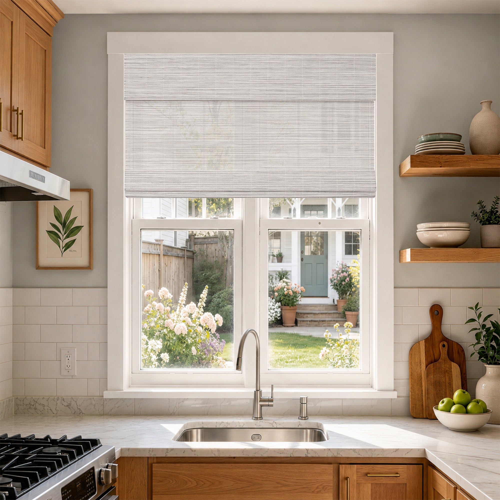 no drill cordless wood yarn woven shades mica white in a sunlit kitchen with textured light filtering fabric and warm rustic charm | Hestia Blinds