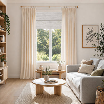 no drill cordless wood yarn woven shades mica white layered with light filtering curtains in a refined living space with inviting comfort and timeless style | Hestia Blinds