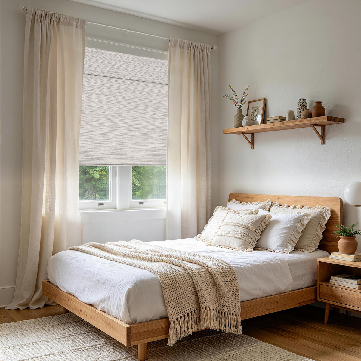 no drill cordless wood yarn woven shades mica white with airy sheer curtains in a restful bedroom filled with gentle natural light and quiet comfort | Hestia Blinds