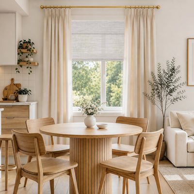 no drill cordless wood yarn woven shades mica white paired with light filtering sheer curtains in an open dining area with soft natural light and relaxed rustic-modern balance | Hestia Blinds