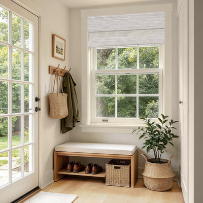 no drill cordless wood yarn woven shades mica white in an entry hall with gentle light diffusion and natural woven texture harmonizing with surrounding greenery | Hestia Blinds