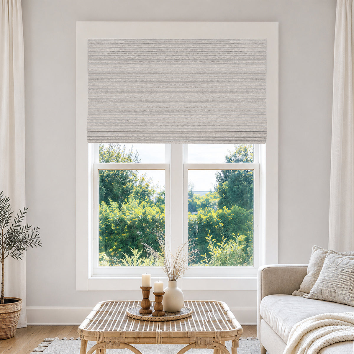 no drill cordless bamboo paper rope shades silver gray in a refined living space with full light control and a sleek contemporary ambiance | Hestia Blinds
