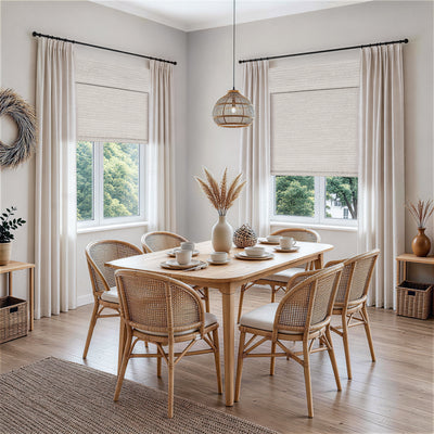 no drill cordless bamboo paper rope shades silver gray combined with sheer light filtering curtains in a dining space with soft daylight and a relaxed, breathable atmosphere | Hestia Blinds