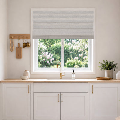 no drill cordless bamboo paper rope shades silver gray in a bright kitchen with natural wood accents and soft blackout coverage for a fresh, balanced, inviting space | Hestia Blinds