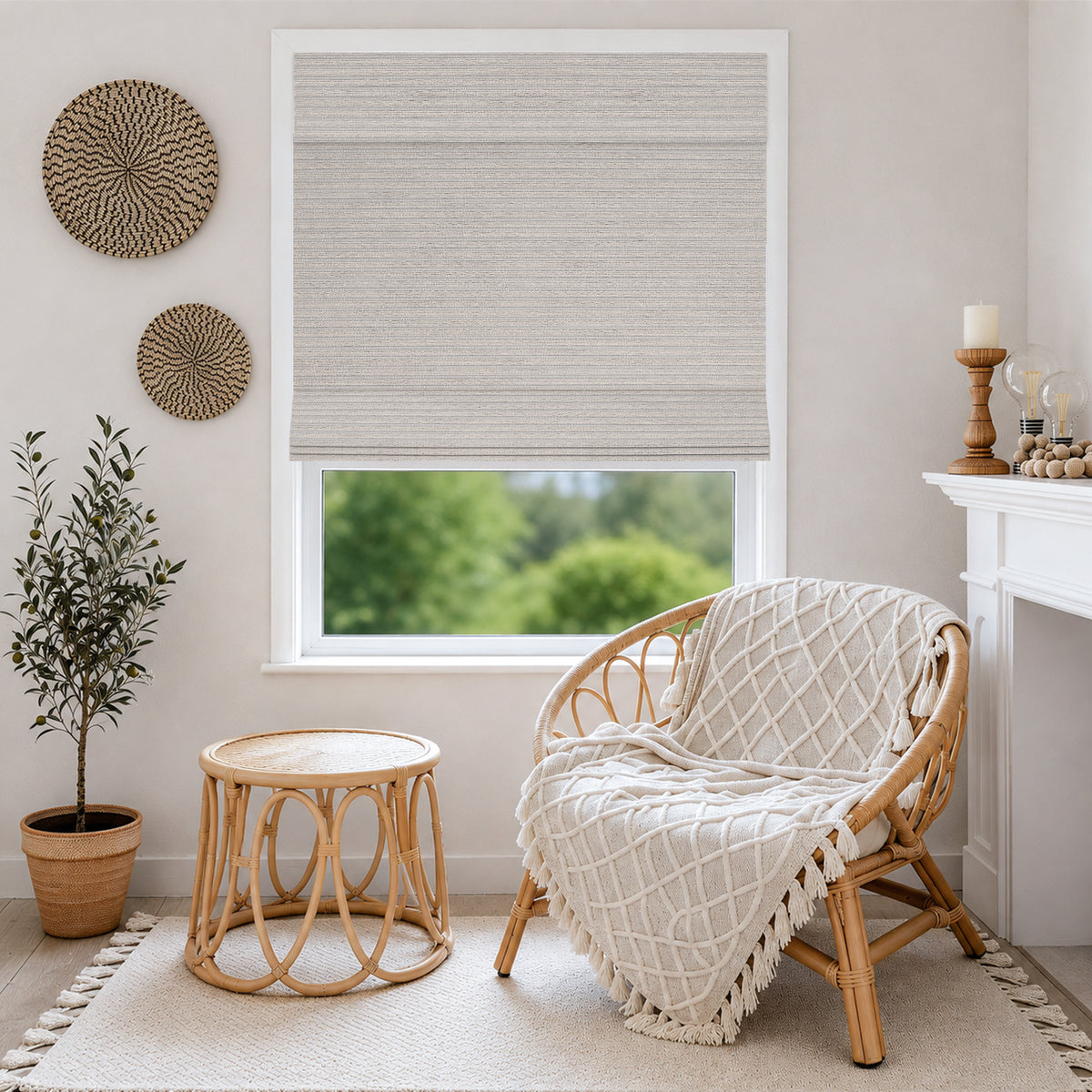 no drill cordless bamboo paper rope shades silver gray in a serene resting area with soft natural light, warm textures, and a calm organic atmosphere | Hestia Blinds