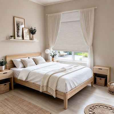 no drill cordless bamboo paper rope shades silver gray in a modern bedroom with layered sheer curtains for soft light control and a calm, warm, and orderly atmosphere | Hestia Blinds