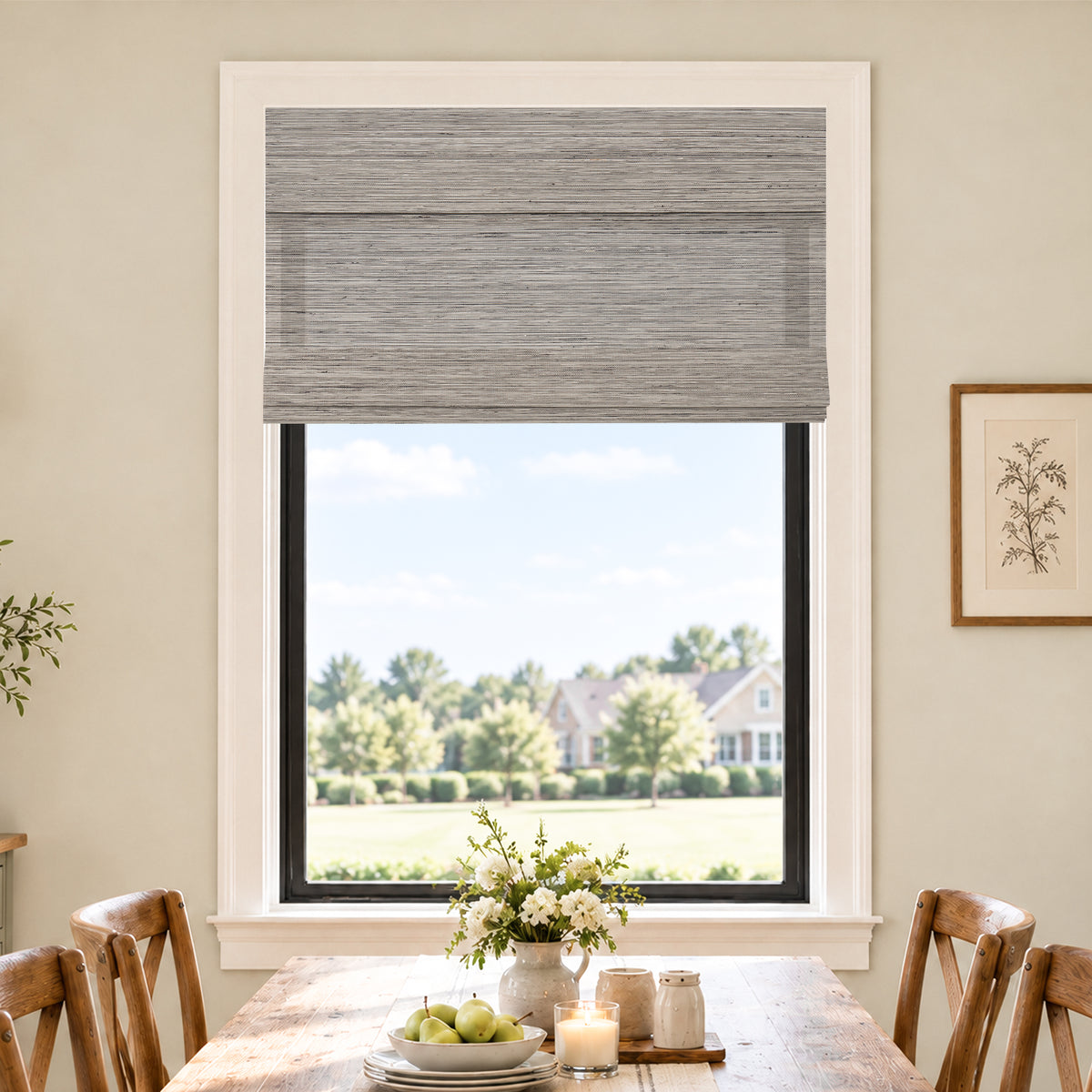 natural bamboo ramie woven shades beige linen in a dining room | Hestia Blinds