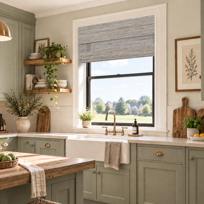 light filtering natural bamboo ramie woven shades beige linen in a kitchen | Hestia Blinds