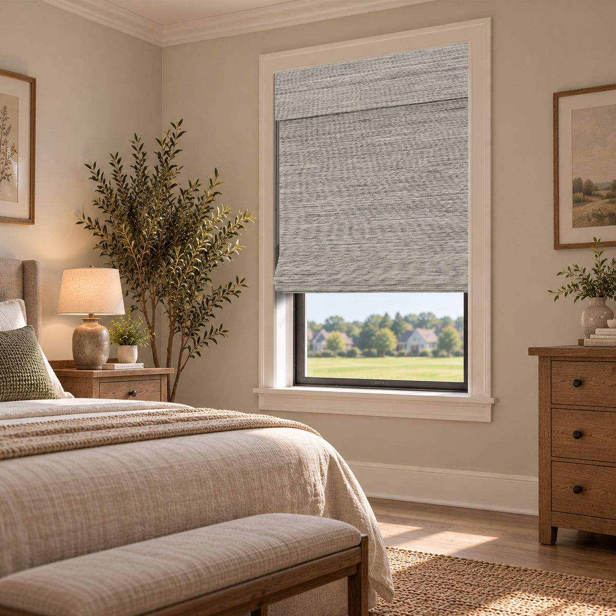 blackout natural bamboo ramie woven shades beige linen in a bedroom | Hestia Blinds