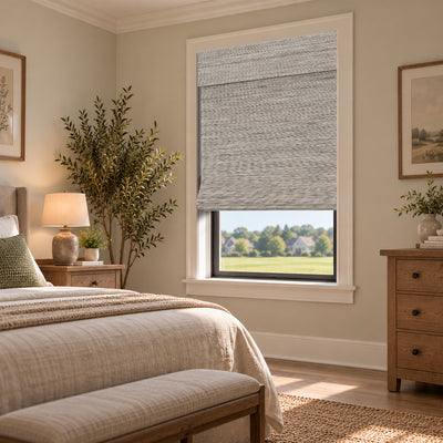 blackout natural bamboo ramie woven shades beige linen in a bedroom | Hestia Blinds