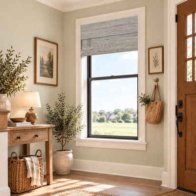 light filtering natural bamboo ramie woven shades beige linen in a living room corner | Hestia Blinds