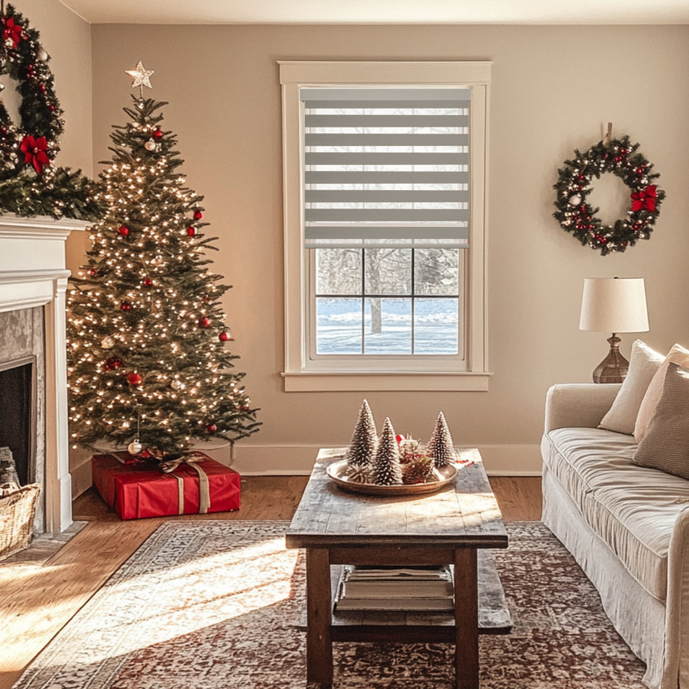 zebra blinds adorned with festive Christmas decorations